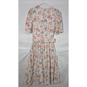 80s Michelle Stuart Pastel Floral Midi Dress Sz 8 Belted Short Sleeve Pleated
